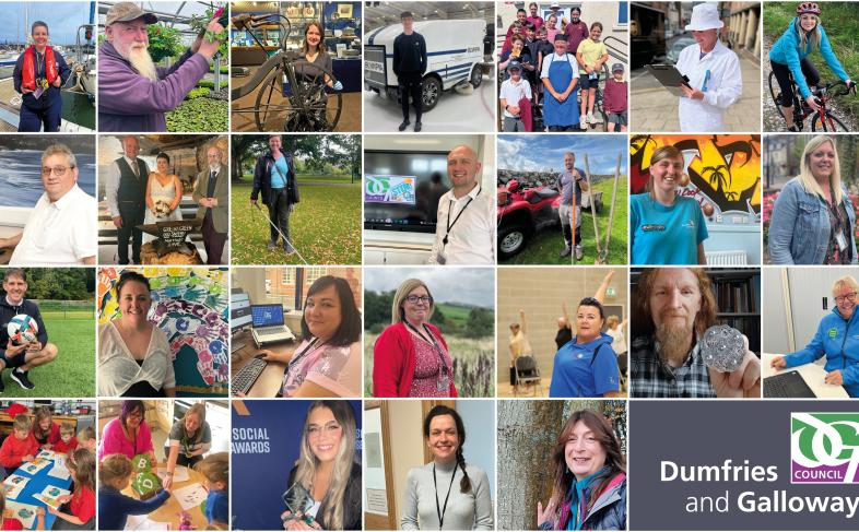 An image featuring the faces of the 26 members of staff featured in the A to Z of Dumfries and Galloway Council