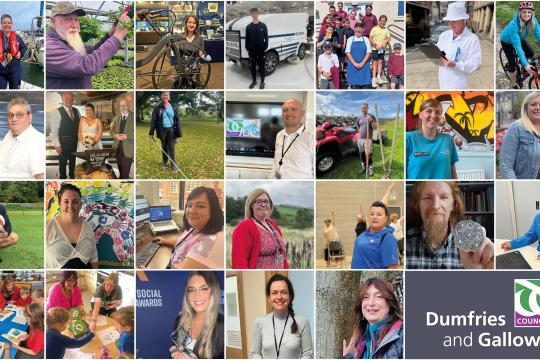 An image featuring the faces of the 26 members of staff featured in the A to Z of Dumfries and Galloway Council