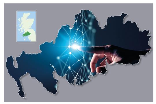 A visual representation of Dumfries and Galloway's digital transformation, a regional map showcasing technology integration in various sectors